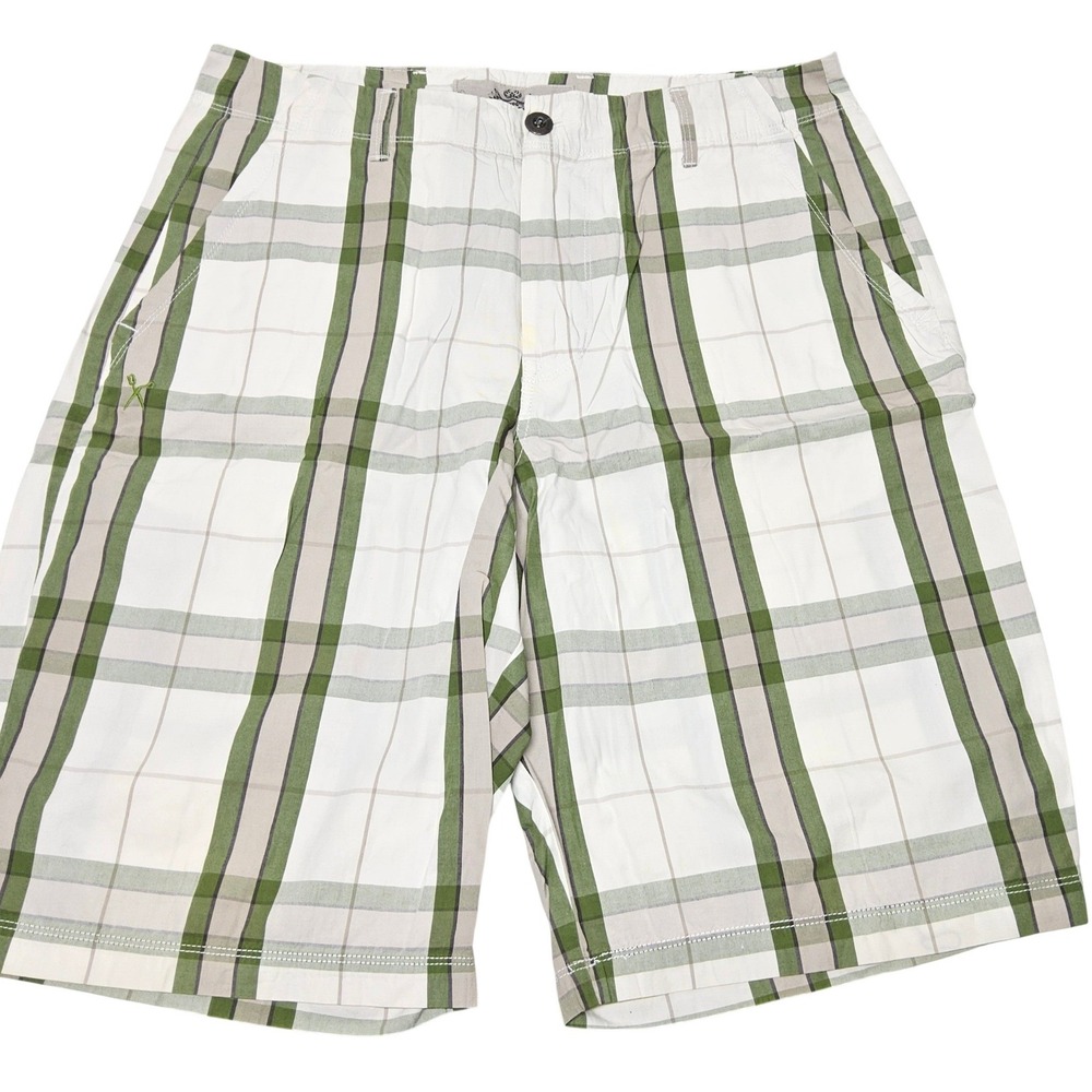 Marc‎ Ecko Plaid Shorts Mens 34 White Green Tan Cotton Flat Front Casual Summer